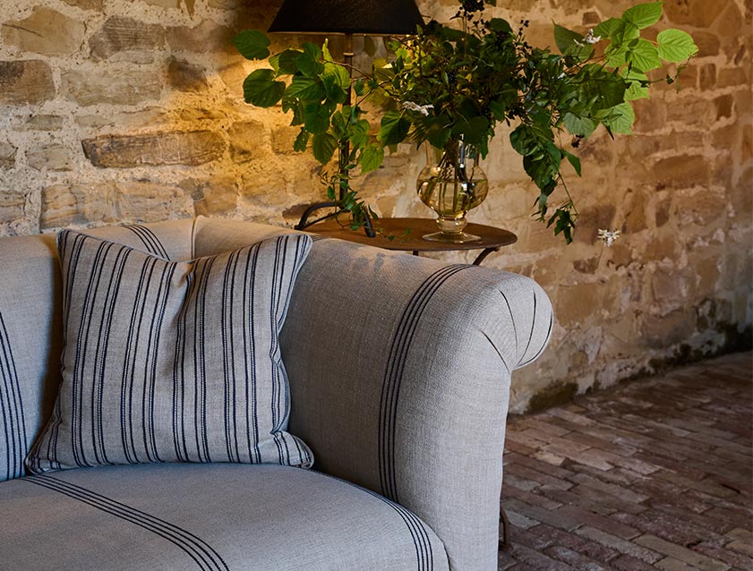 Exbury 3 Seater Sofa in Baldersby Woven Linen Stripe Blue with Scatters in Woven Stripe fabric detail